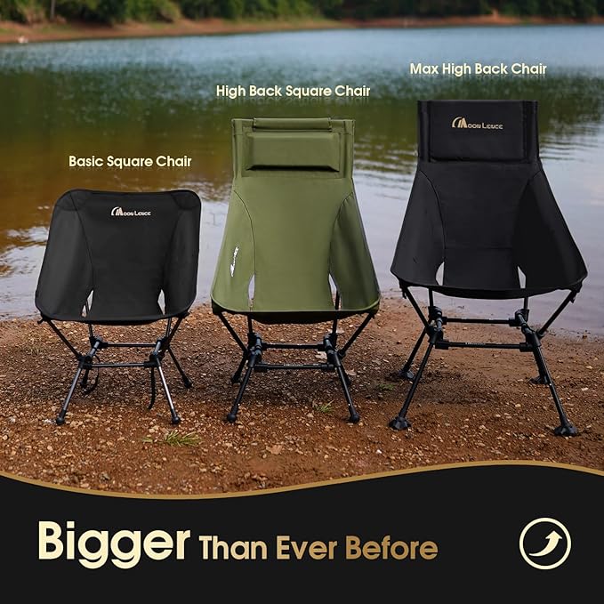 MOON LENCE Oversized Camping Chair with Pillow for Adults, Height Adjustable High-Back Folding Camping Chair with 400 lbs Capacity, Hidden Pillow Pocket for Camping, Hiking, Picnics, Black
