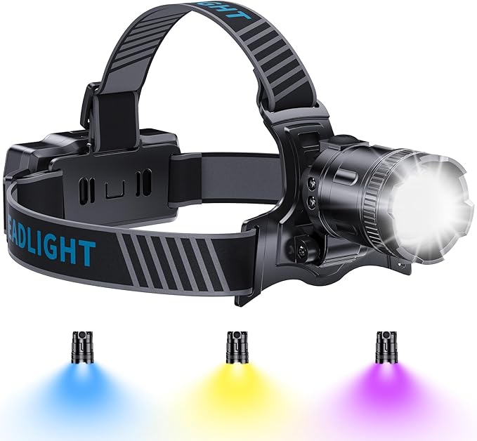 YNYS Rechargeable Headlamp with 4 Colors (White/Yellow/Blue/UV),Super Bright Headlights with Motion Sensor, 90° Adjustable, Zoomable, IPX7 Waterproof Led Head lamp for Fishing Hunting Camping Hiking