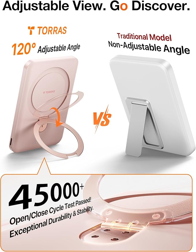 TORRAS EasyGo 10000mAh Magnetic Portable Charger Power Bank for iPhone, Fast Charging Travel Essential Wireless Battery Pack with Stand Compatible with Magsafe,17 Pro Max,Pro,16,15,14,13,12, Rose Gold