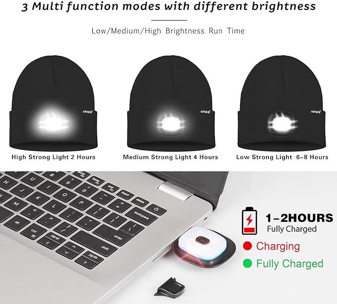 ATNKE LED Lighted Beanie Hat,USB Rechargeable 4 LED Running Headlamp Bright Cap with The Light Gifts for Men and Women