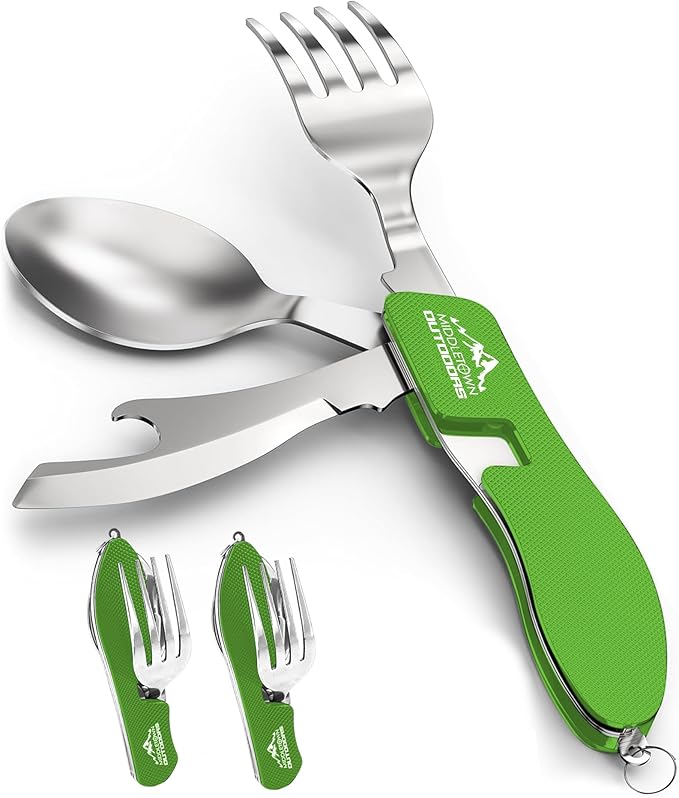 2Pcs Camping Flatware Foldable Utensils Detachable Portable and Versatile Stainless Steel Knife Fork Spoon and Bottle Opener Compact Outdoors Cutlery Pocket Knife Style - 2/pk (Green)