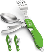 2Pcs Camping Flatware Foldable Utensils Detachable Portable and Versatile Stainless Steel Knife Fork Spoon and Bottle Opener Compact Outdoors Cutlery Pocket Knife Style - 2/pk (Green)