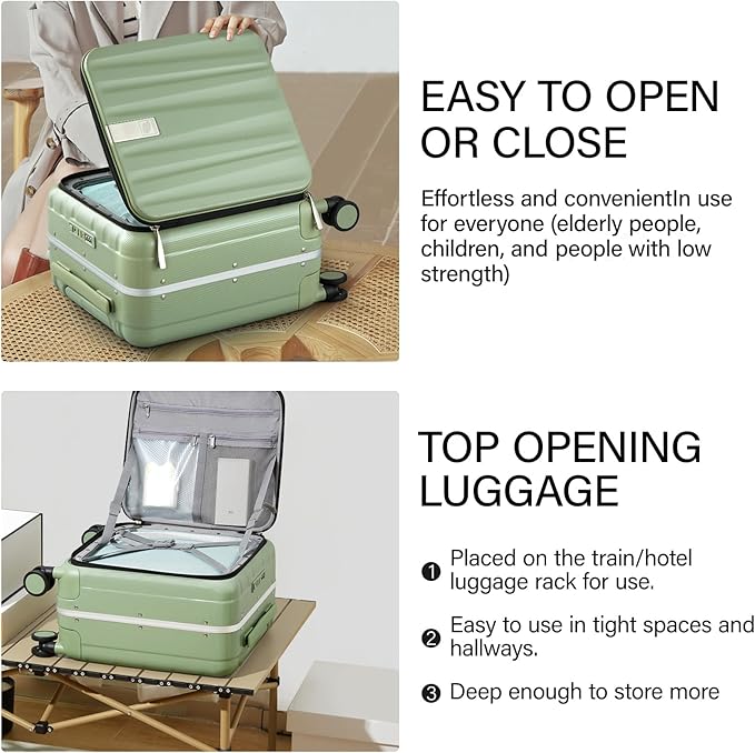 Hanke 16 Inch Underseat Carry On Luggage with Wheels,Small Hard Shell Suitcases for Weekender,Top Opening Lightweight Travel Luggage Suitcase for Womem Men,Bamboo Green.