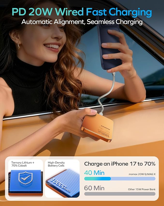 MOMAX Magnetic Wireless Power Bank 10000mAh, Ultra-Slim 0.5" MagSafe-Compatible Portable Charger, 20W USB-C PD Fast Charging, for iPhone 17/16/15/14/13/12 Series(Cosmic Orange)