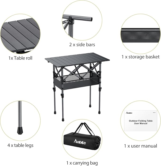 2ft Roll Up Camping Table, 2 Adjustable Heights Aluminum Folding Camping Table with Storage Net and Bag, Waterproof, Lightweight Outdoor Table 25” X 16”, for Outdoor Travel BBQ Picnic, Black