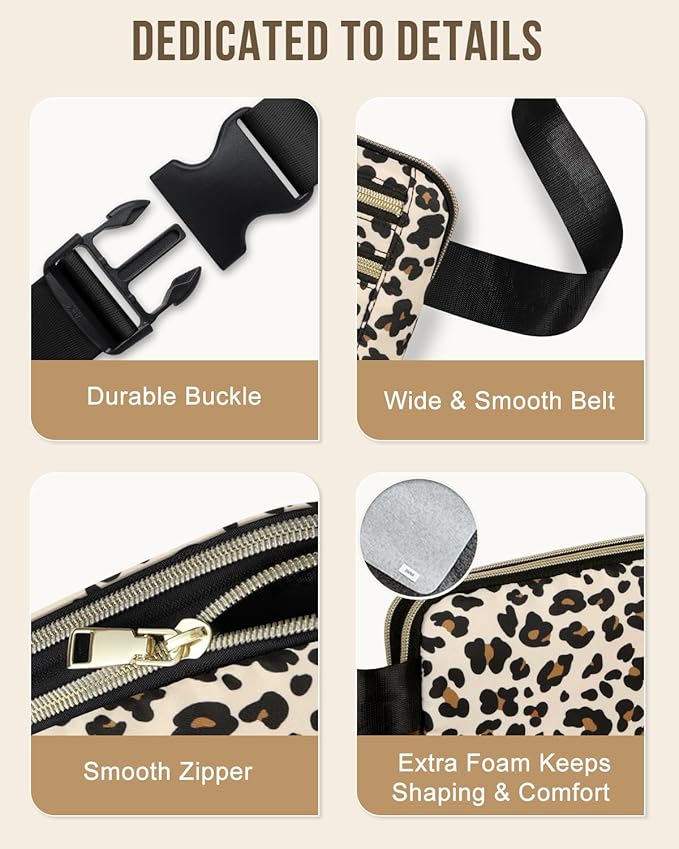 Capolo Fanny Packs for Women Fashion Waist Packs Bag with Adjustable Strap and 4 Zipper Pockets Waterproof Everywhere Crossbody Belt Bag for Workout Running Travelling(Leopard, Large)
