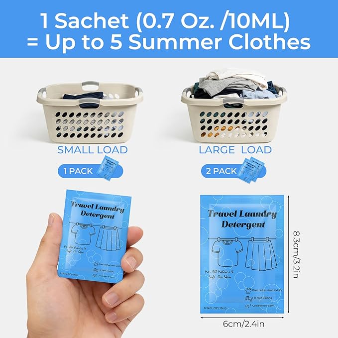 100 Pack Travel Laundry Detergent Bulk, Portable Single Use Liquid Laundry Soap, Verbena Scented, 10ml TSA Approved Travel Size for Traveler, Cruise, Hostel & Camping Essentials