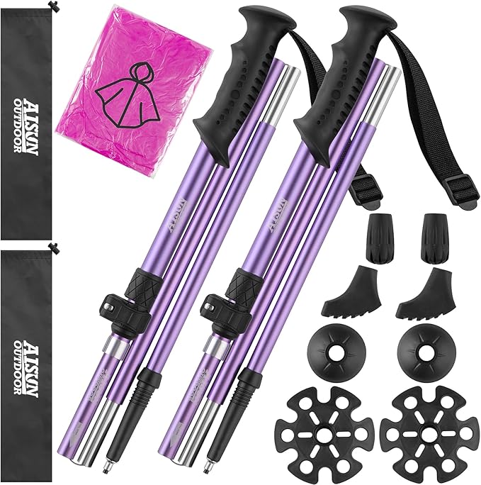 AISUNOURDOOR Lightweight Adjustable Trekking Poles, Aluminum Collapsible Travel Hiking or Walking Sticks for Women Children, with One Disposable Raincoat