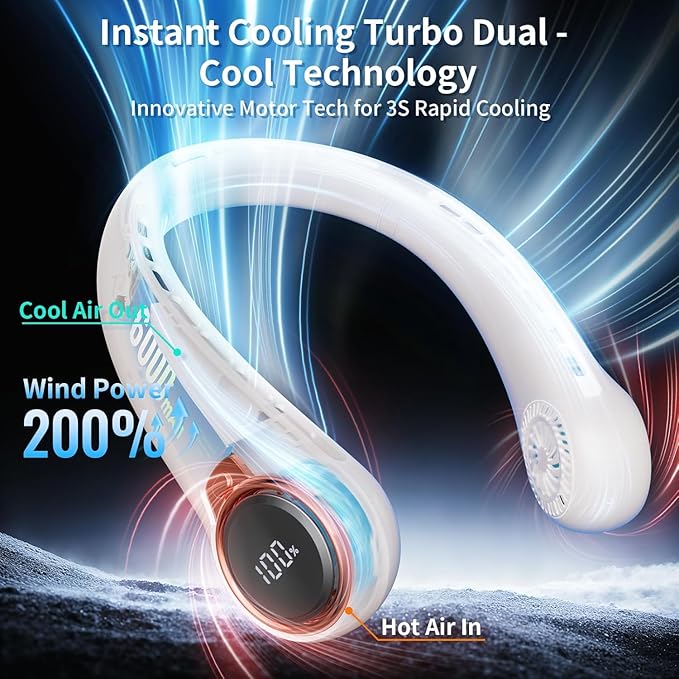 Portable Neck Fan with 6000mAh USB - Rechargeable Battery, Ultra-Light Bladeless Neck Fan LED Display, 360° Cooling Wearable Fan, 3 Speeds (White)
