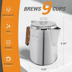 Percolator Pot Stainless Steel Camping Coffee Pot-NO Aluminum or Plastic Camping Coffee Pot Stovetop (9 cup)