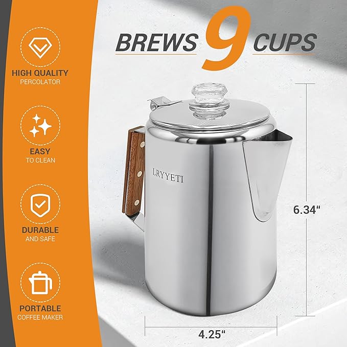 Percolator Pot Stainless Steel Camping Coffee Pot-NO Aluminum or Plastic Camping Coffee Pot Stovetop (9 cup)