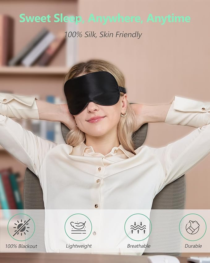 BeeVines 100% Real Mulberry Silk 2 Pack Sleep Mask, Pure Silk Eye Masks with Adjustable Strap for Sleeping, 100% Block Light Eye Shade Cover, Reduces Puffy Eyes Traveling Gifts(Black & Green)