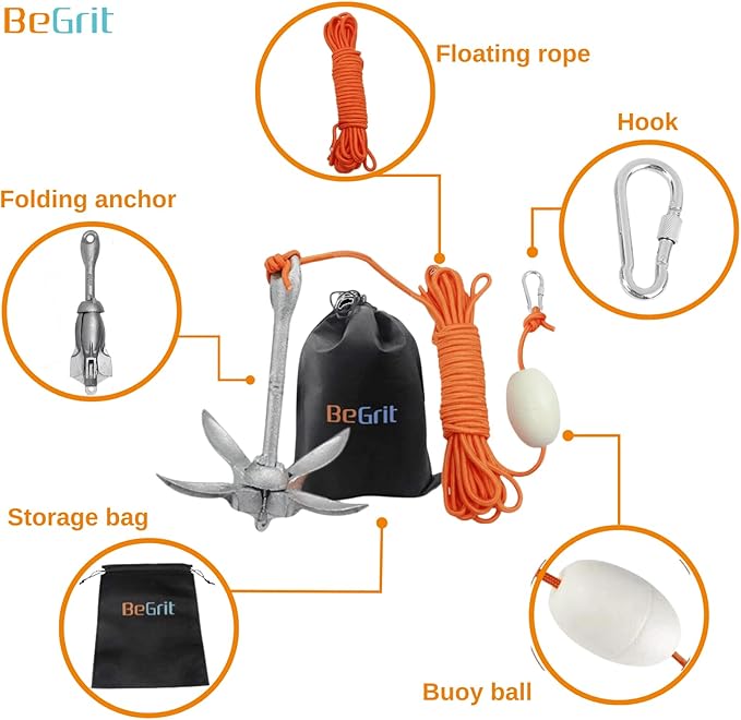 BeGrit Kayak Anchor Small Boat Anchor Folding Marine Anchor for Fishing,Kayak,Paddle Board,Canoe,Jet Ski, with 32.8 ft Anchor Tow Rope Carrying Bag
