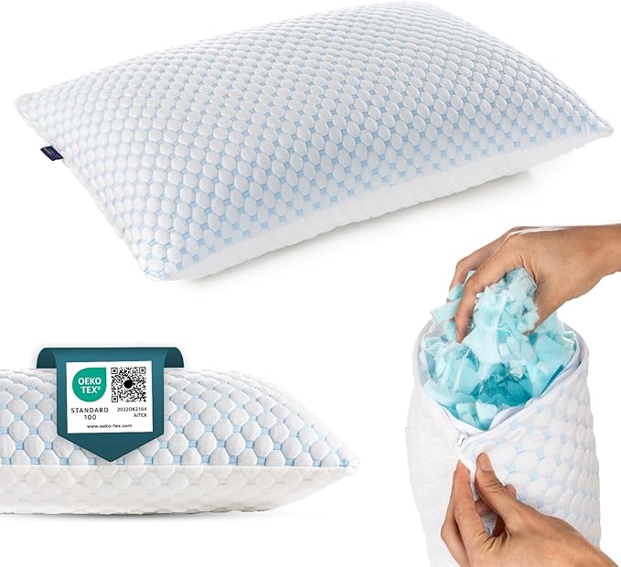 alkamto Cooling Shredded Memory Foam Pillow – Adjustable Gel for Personalized Support – Double-Sided Ice Silk & Soft Rayon – Lightweight, Compressible (White) (Standard)