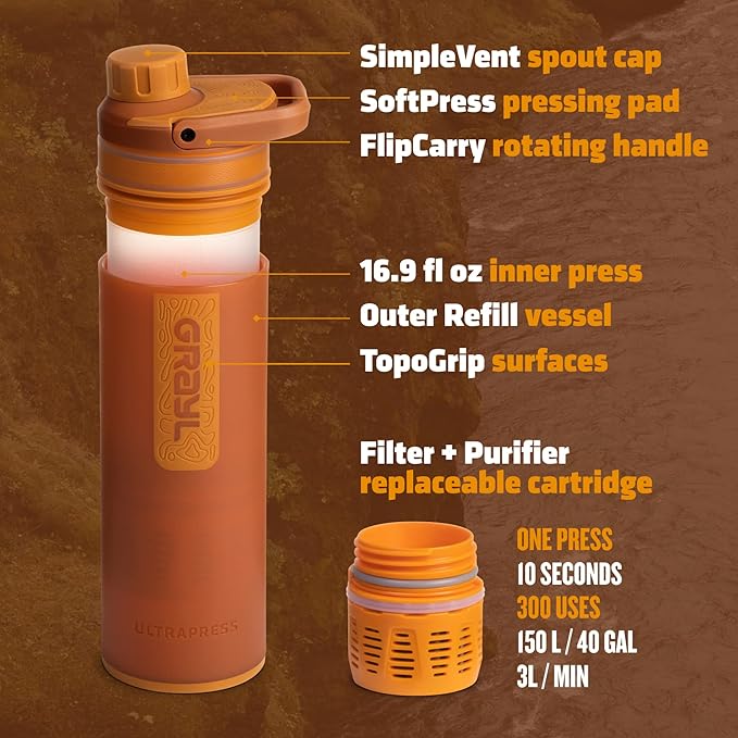 GRAYL UltraPress Water Purifier & Filter Bottle for Hiking, Backpacking, and Travel (Mojave Redrock)