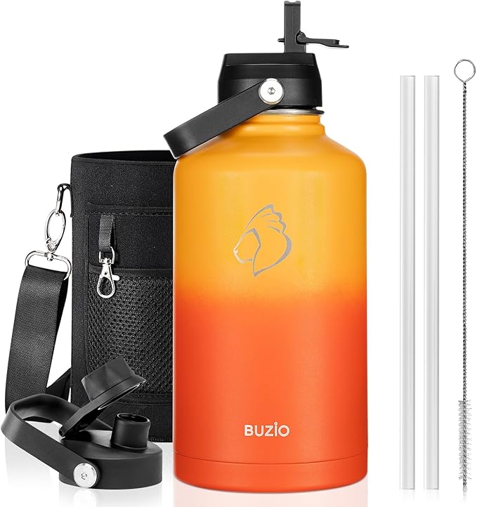 BUZIO 64oz Water Bottle, (Cold for 48 Hrs) Triple Wall Insulated Stainless Steel Leakproof Half gallon Jug/Flask with Straw Lid and Carry Bag for Sports Hiking, Camping, Yellow Orange