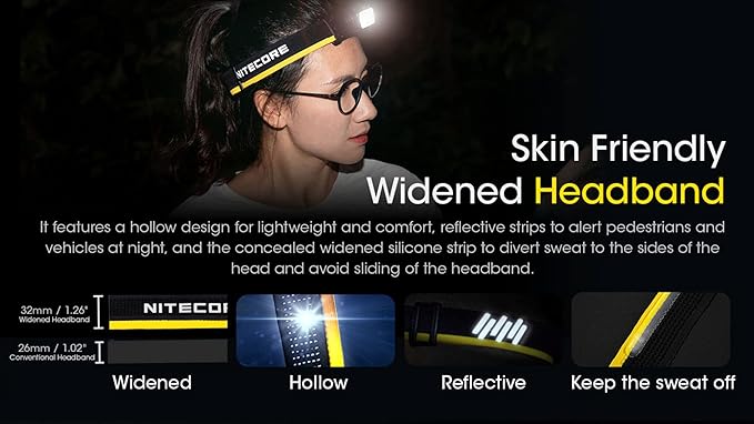 Nitecore NU43 Rechargeable Headlamp, 1400 lumens USB-C Bright Lightweight for Camping, Running, or Working, with Spotlight, Floodlight, Red Light, Including NitecoreS Sticker