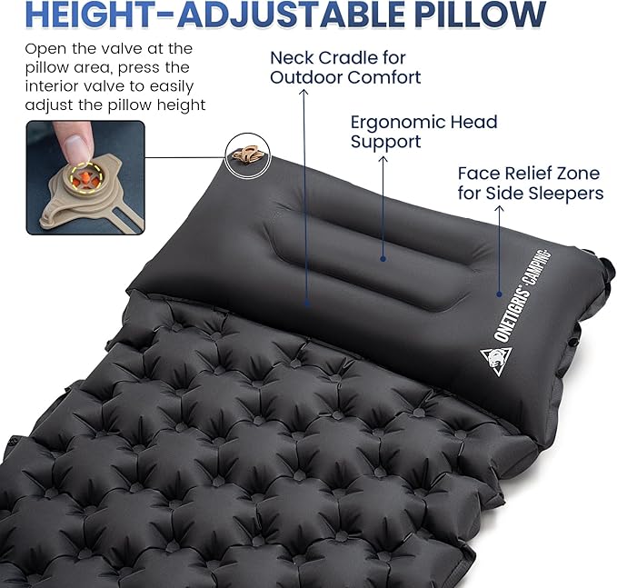 ONETIGRIS Blackcrystal Sleeping Pad, Ultralight Camping Sleeping Pad with Pillow Built-in Foot Pump Inflatable Sleeping Mat Compact for Camping Backpacking Hiking Traveling Tent