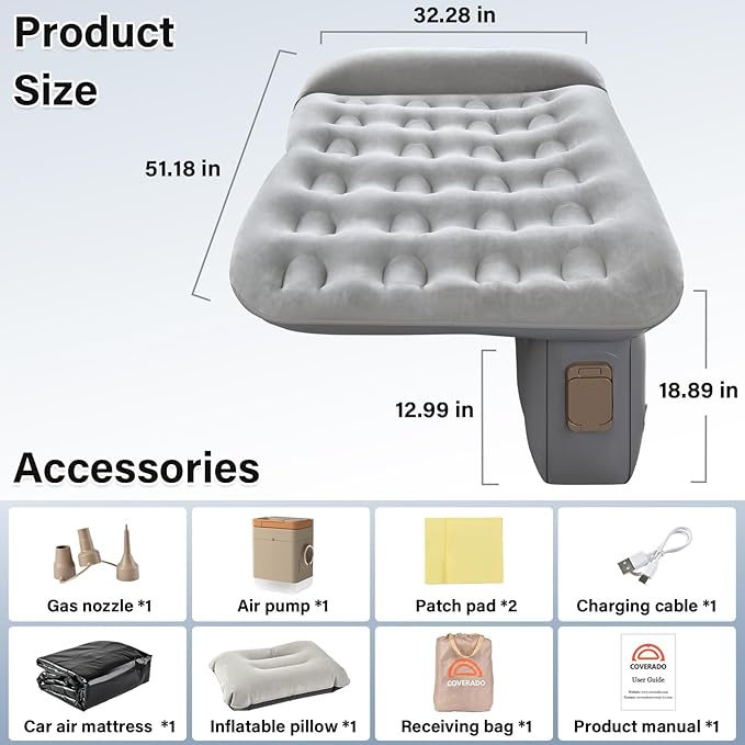 Coverado Car Air Mattress Back Seat, Portable Wireless Inflatable Bed with Built in Air Pump&Pllow, Storage Bag, Patch Kit, Universal Back Seat Bed Sleeping Pad Fit Most Car Suvs, L-51,W-32