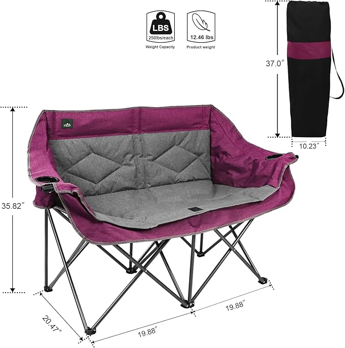 Northroad Folding Loveseat Camping Chair Portable Double Duo Full Padded Garden Sofa Chair for 2 Person w/ 2 Cup Holder,Wine Glass Holder,Support 600lbs for Outdoor Travel (Purple)