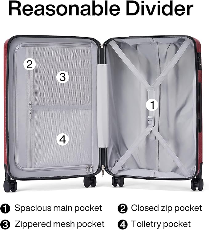 Hanke 24 Inch Luggage Suitcases With Spinner Wheels Lightweight PC Hard Shell Rolling Suitcase With Travel Lock,Checked-Medium 24-Inch （Burgundy）