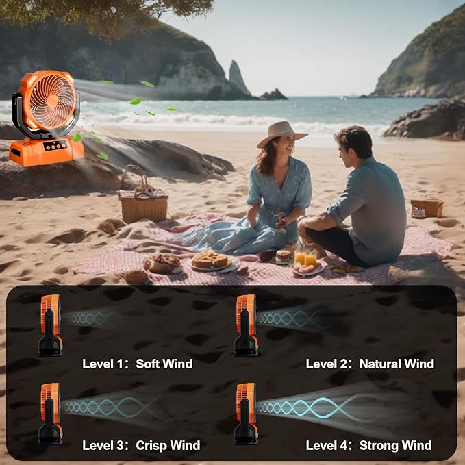 20000mAh Camping Fan with LED Lantern, 360° Oscillation, Remote Control, 4 Speed & Timer, Rechargeable Battery Powered Fan for Tent, Outdoor, Travel, Hurricane, Emergency, Power Outage(Orange)