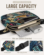 Capolo Fanny Packs for Women Fashion Waist Packs Bag with Adjustable Strap and 4 Zipper Pockets Waterproof Everywhere Crossbody Belt Bag for Workout Running Travelling(Blue Leaves)