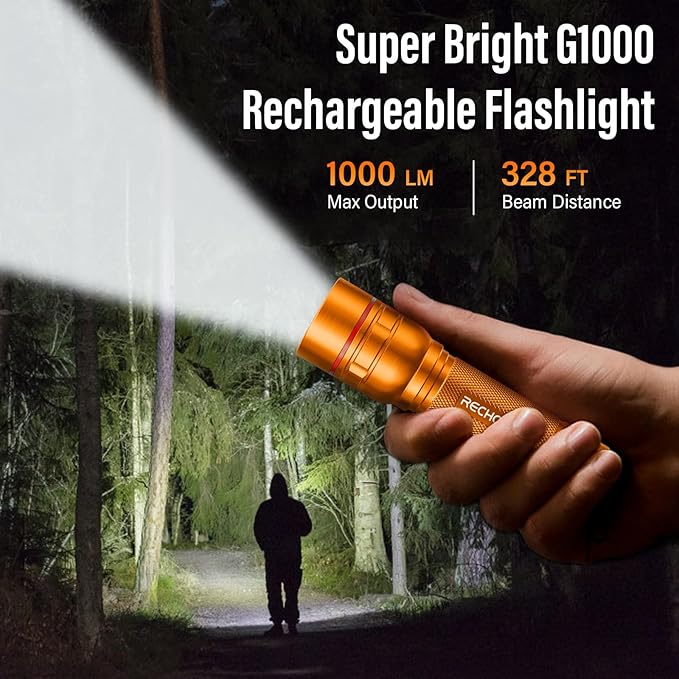 Rechargeable Flashlights High Lumens, G1000 Super Bright Flash Light 2 Pack, Small Zoomable LED Flashlight with 3 Lighting Modes, Portable Flashlight for Camping Essentials (Battery Included)-Orange