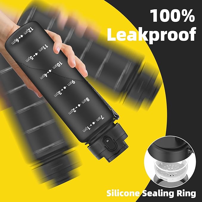 OLDLEY 32 oz Water Bottle, Motivational Water Bottle with Time Marker, Sports Water Bottle With Strap, Leakproof & BPA Free Large Water Bottles for School, Gym, Travel, Outdoor, Tritan,Black