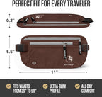 VENTURE 4TH RFID Money Belt for Travel with RFID Blocking Sleeves – Slim Hidden Travel Wallet & Passport Holder for Men & Women, Lightweight Anti-Theft Pouch to Protect Cash, Cards & Documents - Brown