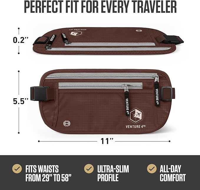 VENTURE 4TH RFID Money Belt for Travel with RFID Blocking Sleeves – Slim Hidden Travel Wallet & Passport Holder for Men & Women, Lightweight Anti-Theft Pouch to Protect Cash, Cards & Documents - Brown