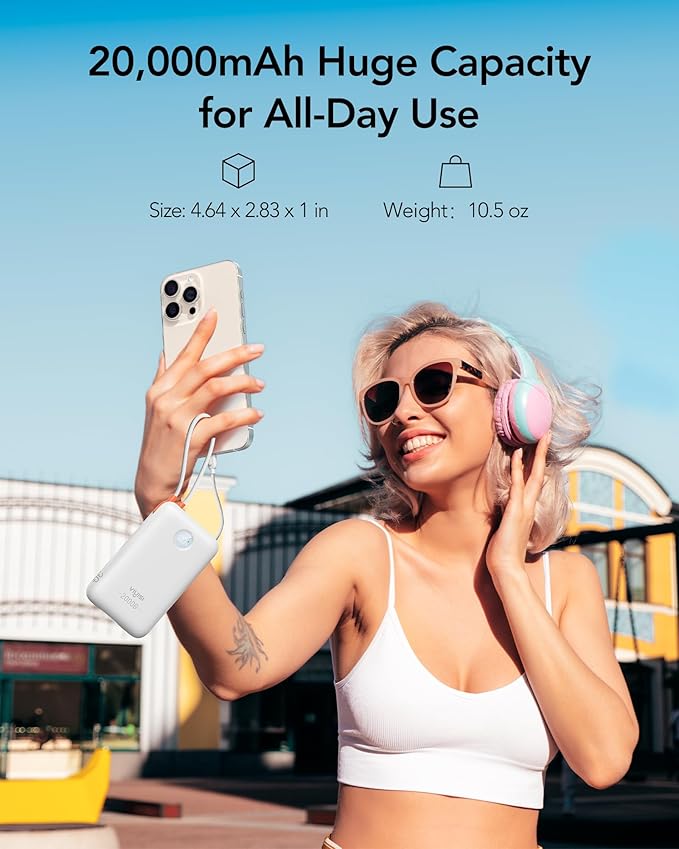 Portable Charger 20000mAh 30W Fast Charging, Power Bank with Built-in Cables & LED Display, USB C Battery Pack for iPhone 16/15/14, Samsung, iPad and Android Phones, Ideal for Travel -White