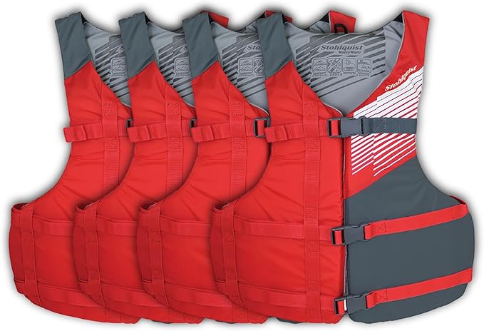 Stohlquist Universal Fit Adult Life Jacket PFD (4 Pack) Coast Guard Approved, for Men and Women 90+ lbs, Lightweight Neoprene and Adjustable, Ideal for Boating, Kayaking & Water Sports