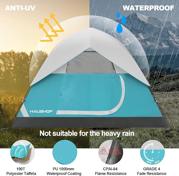 HAUSHOF 2/4-Person Family Dome Tent with Removable Rain-Fly, Easy Set Up Portable Camping Tent for Backpacking Hiking Backyard Outdoor, Green/Blue/2-person/4-person