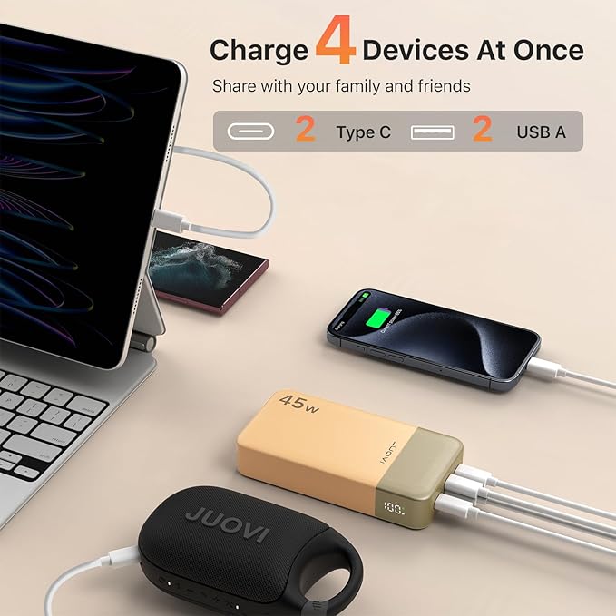 J2621 Power Bank Portable Charger,20000mAh 45W PD3.0 QC 4.0 Fast Charging Battery Pack with LED Display,2 USB-C,2 USB-A for iPhone 15 16, MacBook (Orange)