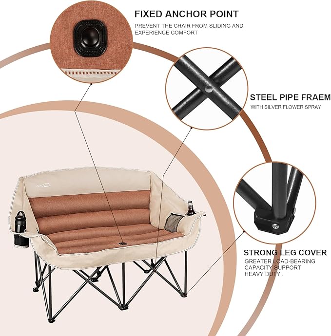 2 Person Fully Padded Camping Chair Oversized Loveseat Camping Chair Double Camping Chairs for Adults Heavy Duty Outdoor Camping Couch, Padded Seats & Armrests, 600Lbs, Moca