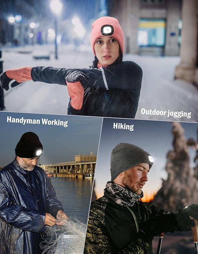MELASA Unisex Hat with Light, USB Rechargeable Hands Free Headlamp LED Beanie, Winter Gifts for Men Dad Father Husband Him