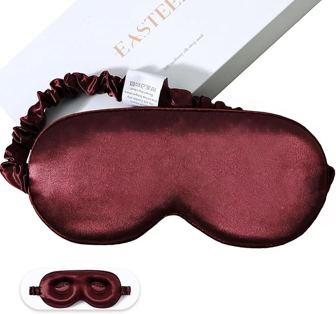 100% 22 Momme Mulberry Silk Sleep Mask, Eye Cover for Sleeping, Blackout 3D Sleep Masks for Lash Extensions with Adjustable Strap for Men and Women (Burgundy)