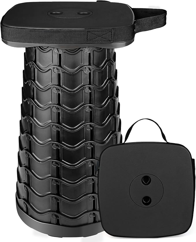 Upgraded Folding Stool Heavy Duty 550lbs Load Capacity Collapsible Portable Sturdy Telescopic Stool for Camping Travel Hiking (Black)