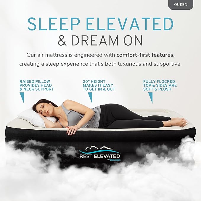 RestElevated Luxury Pillow Top Queen Size Air Mattress with Built in Pump | 20" Raised Height with Coil Beam Support | Adjustable Blow Up Air Bed | for Home, Guests and Camping [Black with Cream Top]