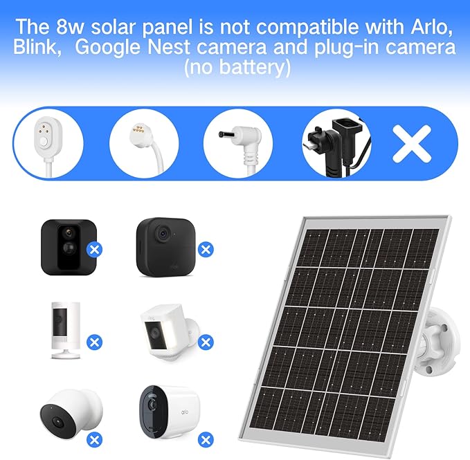 8W Solar Panel for Security Camera, Micro USB & USB-C & DC Ports High Conversion Rate Solar Panel for Built-in Rechargeable Battery Outdoor Cameras, Waterproof & Fast Charging & 360° Freely Adjustable