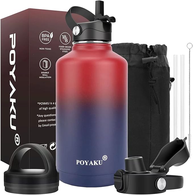 Water Bottle Insulated 32oz 40oz 64oz 128oz Straw Lid Spout Lid & 3 Lids, Leak Proof, Vacuum Insulated,Stainless Steel Water Bottle Wide Mouth for Sports, Gym or Office