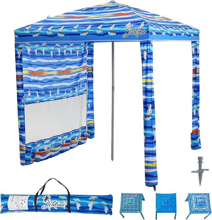 Beach Cabana, 6.2'×6.2' Beach Canopy with Side Wall, UPF 50+ UV Protection Easy Setup Tent Sun Shelter with Sand Pockets for Whole Family(Summer Sailboat)