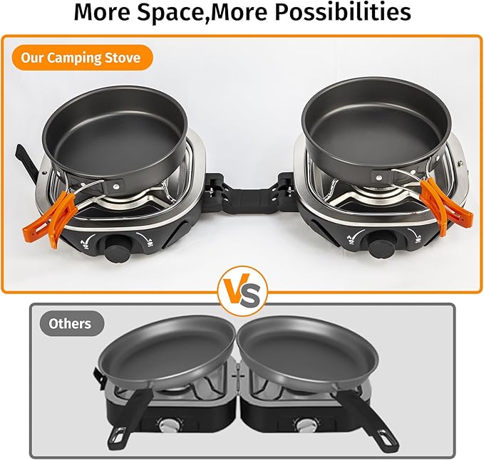 Propane Camping Stove 20,000 BTU - Portable 2 Burner Gas Stove with Adjustable Flame Control, Piezo Ignition, Carry Bag & Propane Adapter Hose, Folding Design for Camp, BBQ, Tailgating, Black