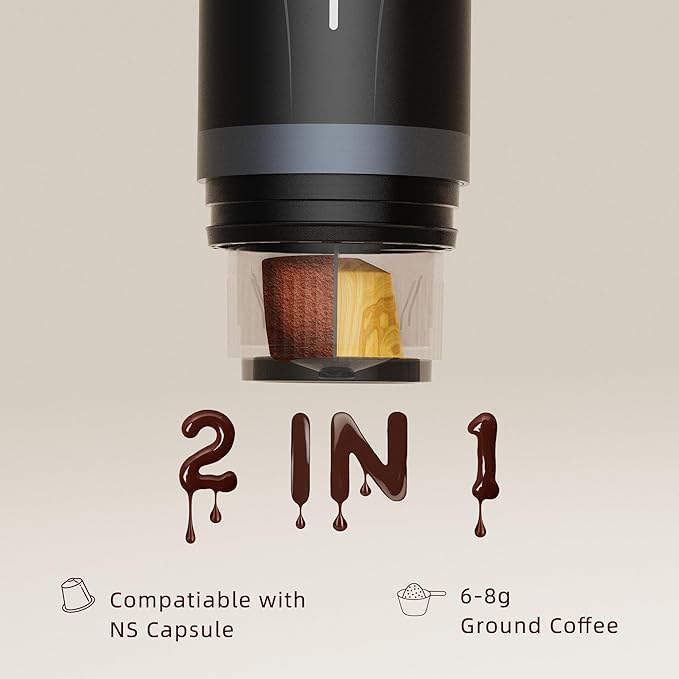 Portable Espresso Maker,Self-Heating Electric Mini Coffee Machine,Up to 20-Bar Pressure,Compatible with NS Capsules & Fine Grind,Coffee Maker for Outdoor Camping,Hiking,RV & Car, travel (Black)