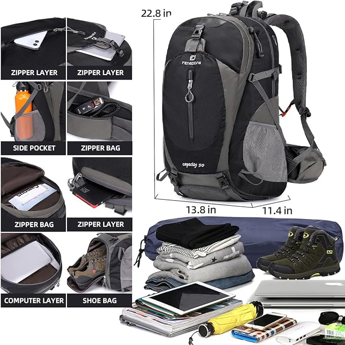 FENGDONG 50L Waterproof Lightweight Expandable Hiking,Camping,Travel Backpack with Shoes Compartment for Men Women Black
