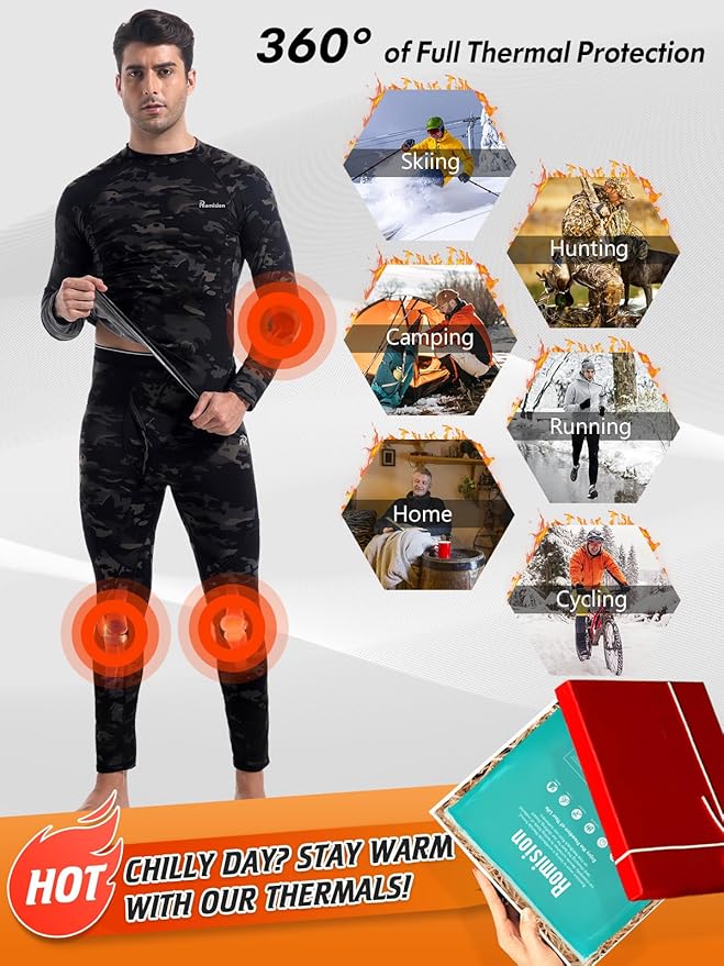 romision Thermal Underwear for Men Long Johns Fleece Lined Hunting Gear Bottom Top Set Base Layer for Cold Weather Gift