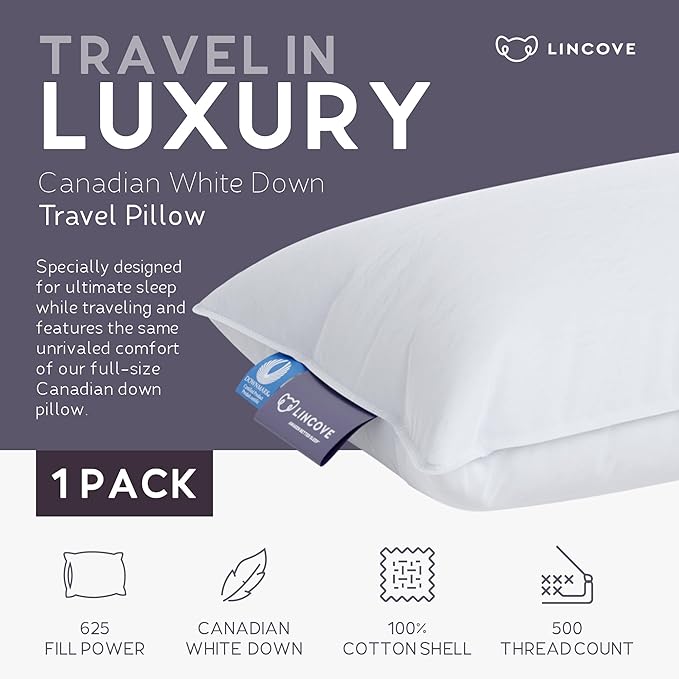 Lincove Canadian Down Feather Travel Pillow - Luxury Pillows to Support Head, Neck, While Sleeping on Airplanes, Cars, Hotels & Home - Comfortable Vacation Sleeping Essential, 13"x18"