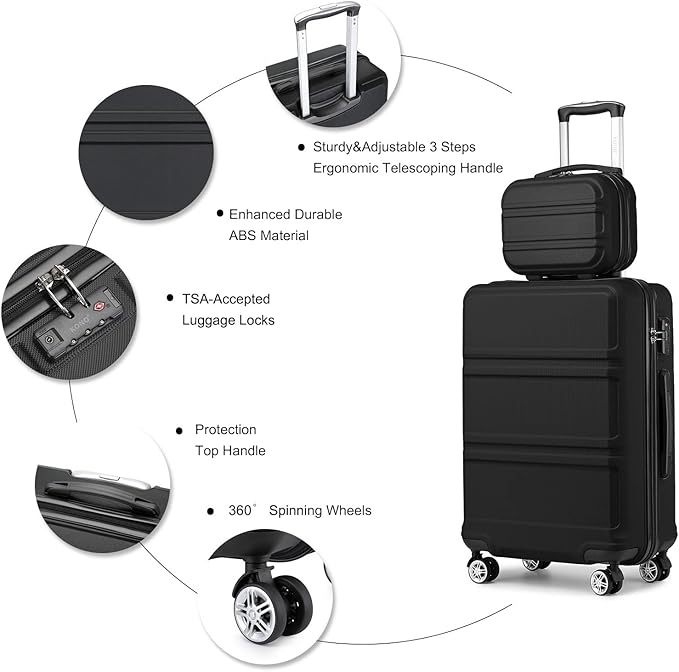 Kono Carry On Luggage Set Lightweight Airline Approved Carry On Suitcase with TSA Lock Spinner Wheels Durable Luggage Hardside Black