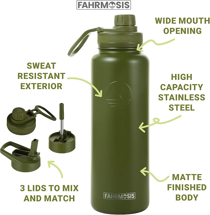 40 Oz Water Bottle with Straw Stainless Steel Sports Water Bottle with 3 Lids (Straw, Chug and Flip Lid) Insulated Leak Proof Metal Jug for Men & Women - Army Green